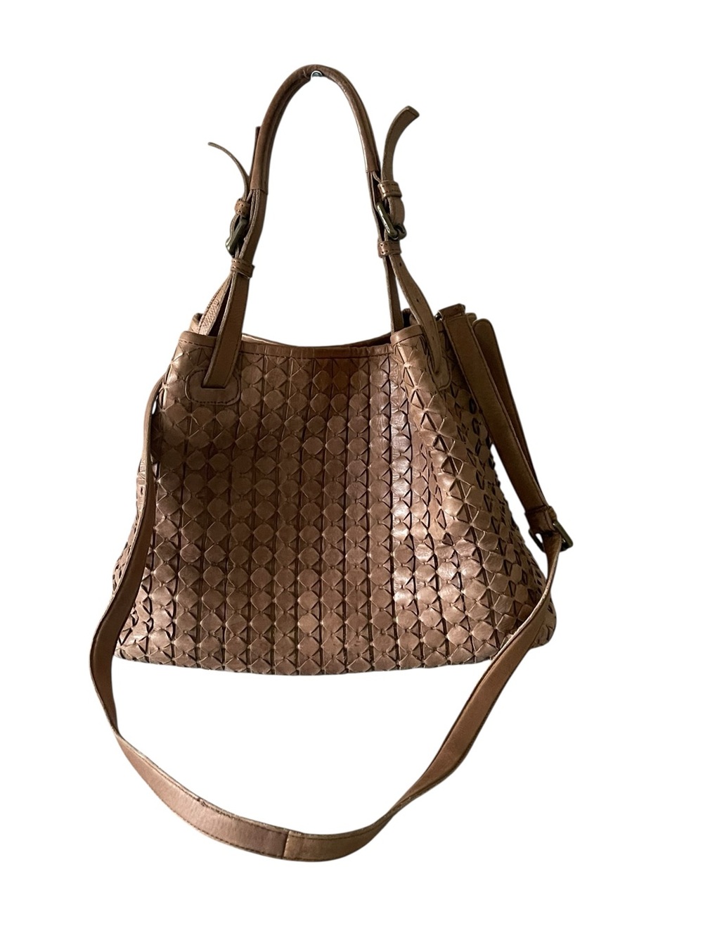 VALENTINA MADE IN ITALY LEATHER WOVEN CUT OUT BUCLE TOTE COGNAC